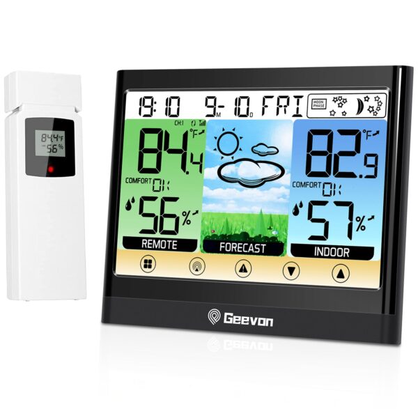 Geevon Weather Stations Wireless Indoor Outdoor Thermometer Hygrometer with Dew Point, Heat Index, Touch LCD Display Digital Weather Thermometer with Alarm Clock and Adjustable Backlight
