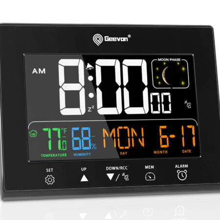 Geevon Digital Atomic Alarm Clocks for Bedrooms with Battery Backup, HD Color Display Atomic Lock with Backlight, 2 USB Ports, Indoor Temperature and Humidity, Moon Phases, Time