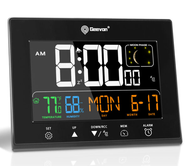 Geevon Digital Atomic Alarm Clocks for Bedrooms with Battery Backup, HD Color Display Atomic Lock with Backlight, 2 USB Ports, Indoor Temperature and Humidity, Moon Phases, Time