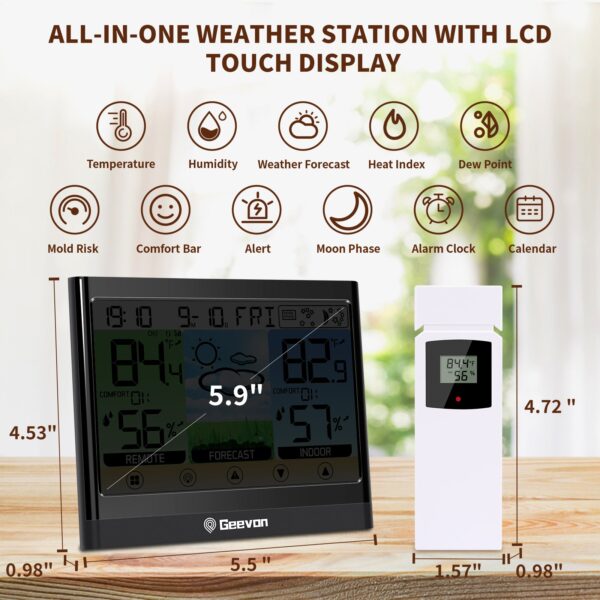 Geevon Weather Stations Wireless Indoor Outdoor Thermometer Hygrometer with Dew Point, Heat Index, Touch LCD Display Digital Weather Thermometer with Alarm Clock and Adjustable Backlight