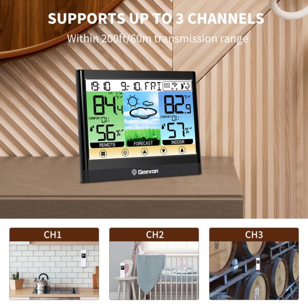 Geevon Weather Stations Wireless Indoor Outdoor Thermometer Hygrometer with Dew Point, Heat Index, Touch LCD Display Digital Weather Thermometer with Alarm Clock and Adjustable Backlight