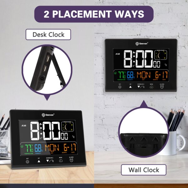 Geevon Digital Atomic Alarm Clocks for Bedrooms with Battery Backup, HD Color Display Atomic Lock with Backlight, 2 USB Ports, Indoor Temperature and Humidity, Moon Phases, Time